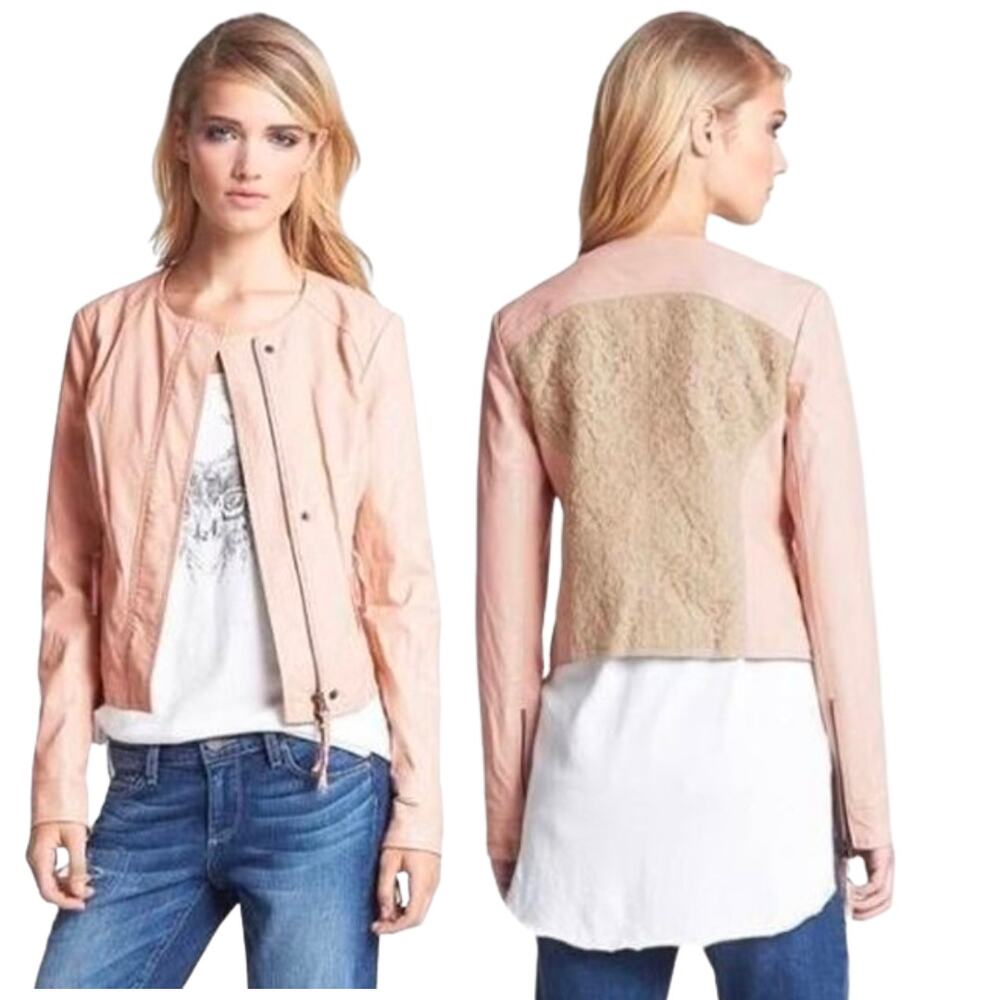 Free People Faux Leather Moto Jacket Lace Back Dusty Rose Size 2